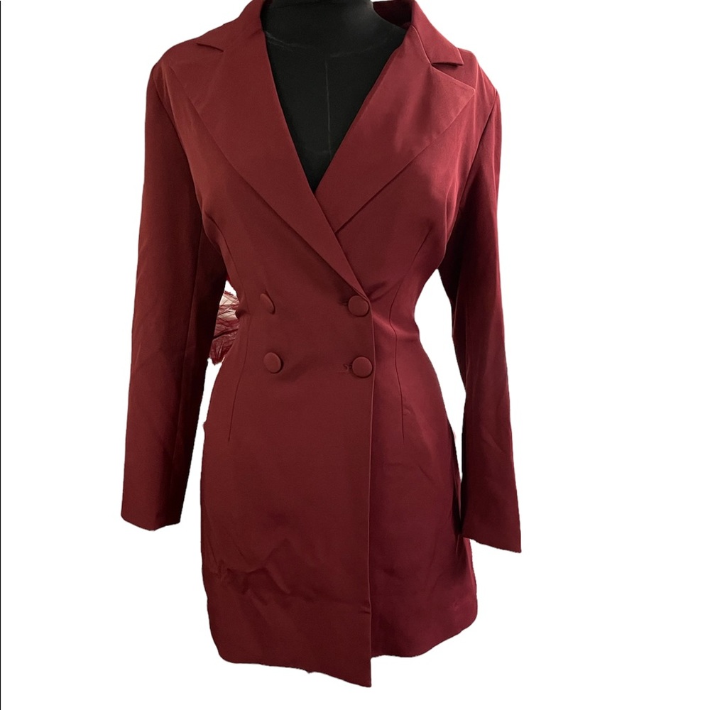 Burgundy blazer dress with tulle wrapped belt